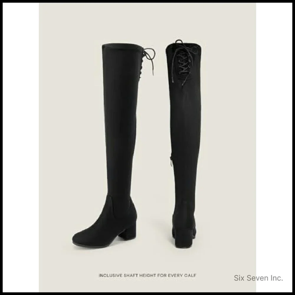 Chunky Heel Over The Knee Boots Stretch Sexy Fall Y2K Retro Elegant